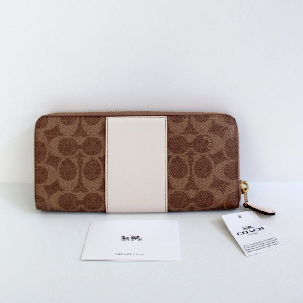 Coach Signature Coated Canvas Colorblock Leather Slim Accordion Zip Wallet Tan - Picture 2 of 7